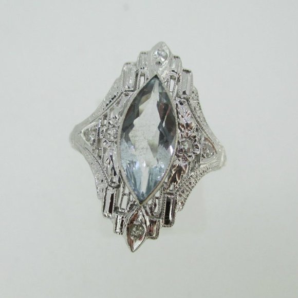 Vintage 18k White Gold Aquamarine with Diamond and Filigree Accents Size 6 3/4 - Picture 2 of 5